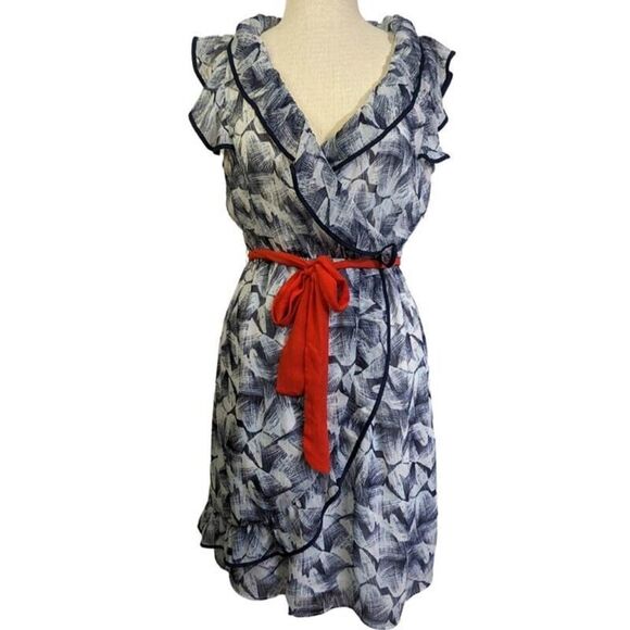 H&M Dresses & Skirts - H&M Ruffled Knee Length Dress Faux Wrap Geometric Print Black/White Lined Sz 14